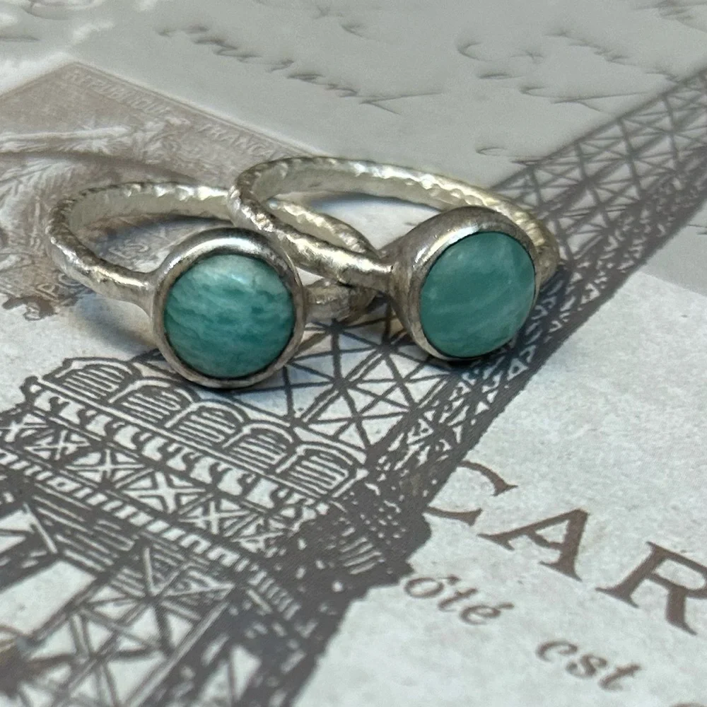 TWO Emily Rose Hammered silver AMAZONITE rings